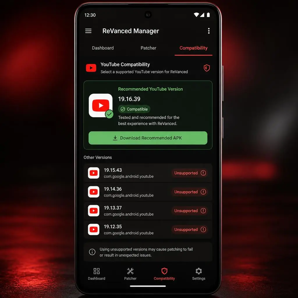 Install the recommended YouTube APK version for YouTube ReVanced