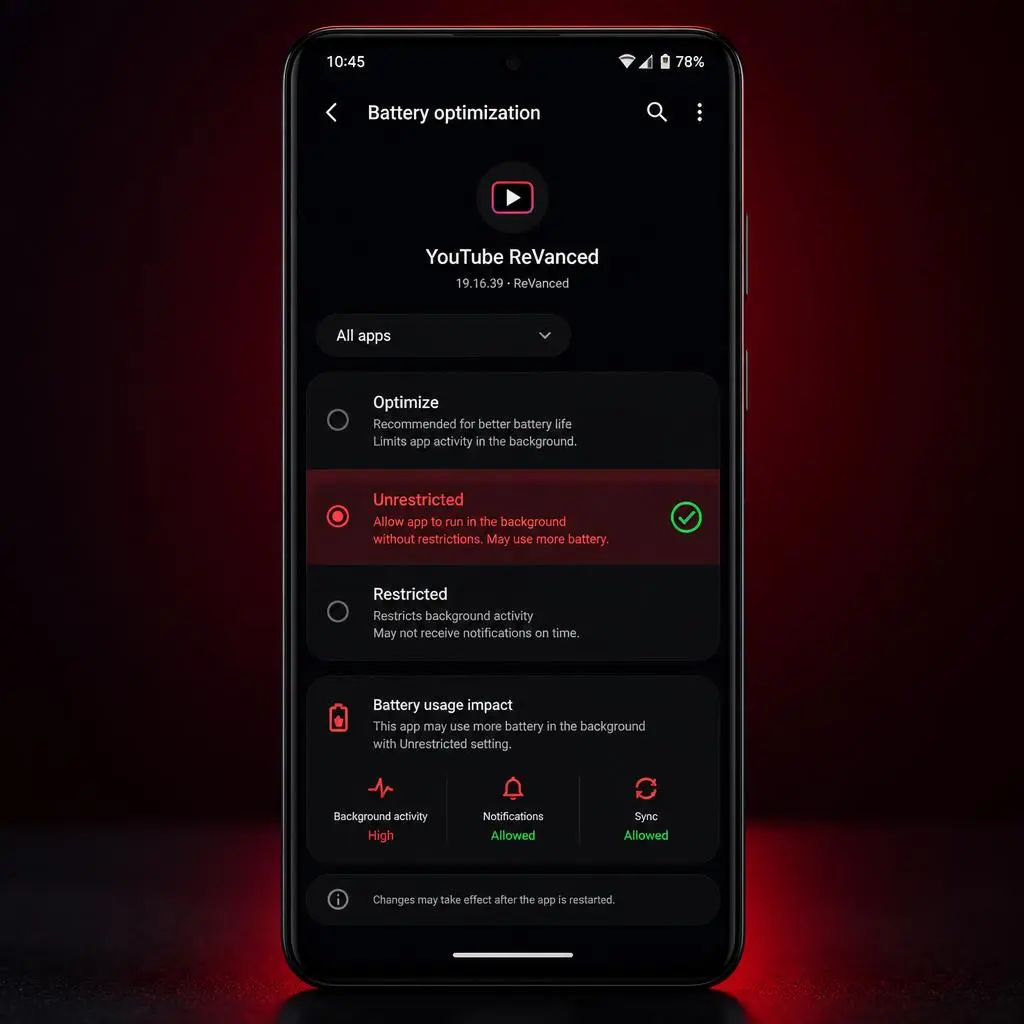 Turn off battery optimization for YouTube ReVanced to fix buffering issues